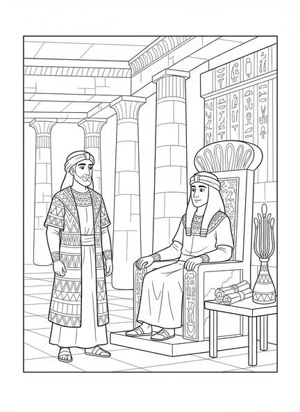 Joseph devant Pharaon, page à colorier sur l'interprétation du rêve de Pharaon pour les enfants de l'École du dimanche âgés de 5 à 12 ans.