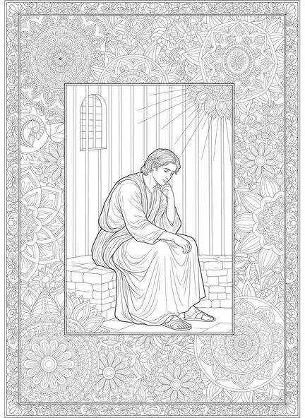 Josef im Gefängnis, Josef und der Pharao Ausmalbild für Erwachsene im Bibel-Journaling-Stil