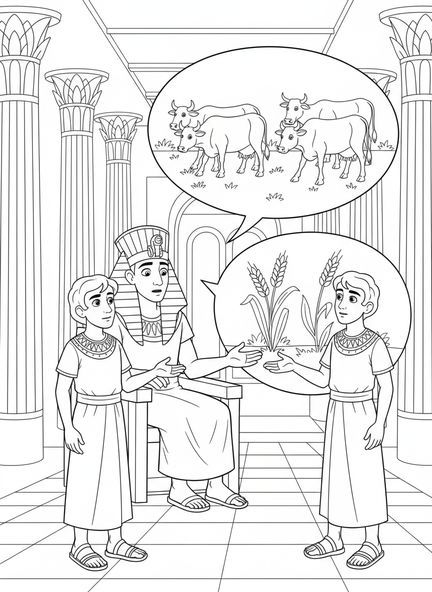 Josef erklärt Träume, Ausmalbild von Josef und dem Pharao für Kinder im Alter von 5-10 Jahren