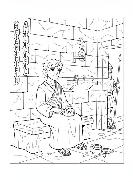 Josef im Gefängnis, Josef und der Pharao Malvorlage für Sonntagsschulkinder im Alter von 5-12 Jahren.