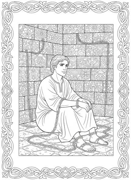 Josef im Gefängnis, Ausmalbild von Josef im Gefängnis für Erwachsene im Stil des Bibel-Journalings.