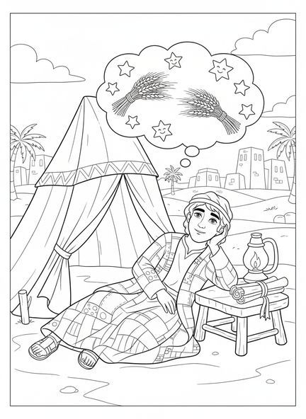 Joseph en train de rêver, page à colorier de Joseph pour les enfants de l'École du dimanche âgés de 5 à 12 ans.