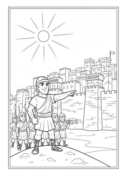 Josué señalando, página para colorear de la trompeta de Jericó para niños de 5 a 10 años.