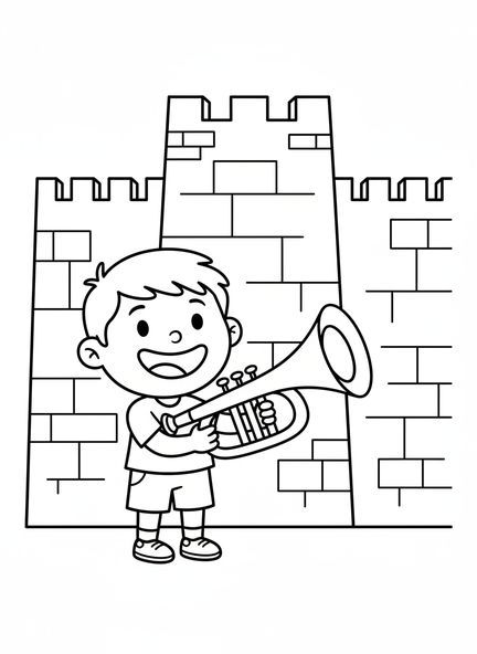 Josué tocando la trompeta, página para colorear de Josué y la trompeta de Jericó para niños de 3 a 5 años