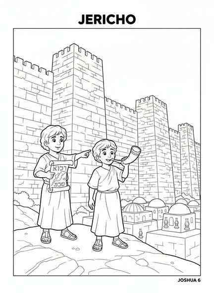 Dos espías observando, página para colorear de Josué y la trompeta de Jericó para niños de Escuela Dominical de 5 a 12 años.