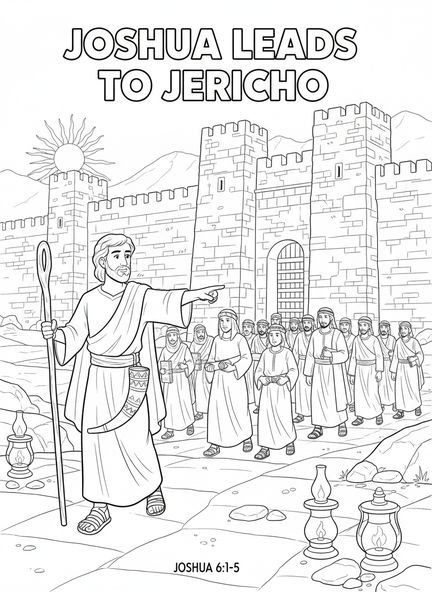 Josué menant les Israélites, page à colorier de Josué pour les enfants de l'École du dimanche âgés de 5 à 12 ans.