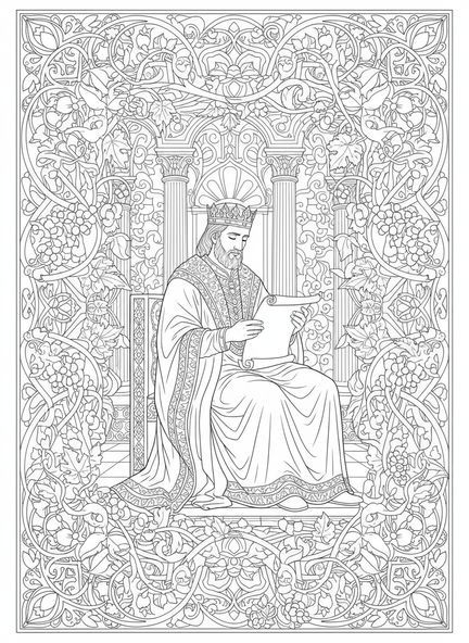 Le roi Josias lisant des rouleaux, page à colorier du roi Josias pour adultes dans un style de journal biblique.