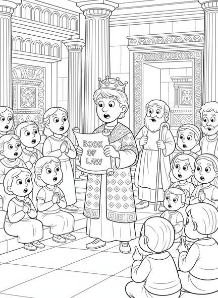 Le roi Josias lisant la Loi, page à colorier du roi Josias pour les enfants de 5 à 10 ans.
