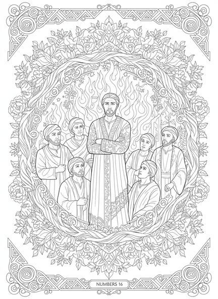 Korah führt die Rebellion an, Ausmalbild von Korahs Rebellion für Erwachsene im Stil des Bibeljournaling