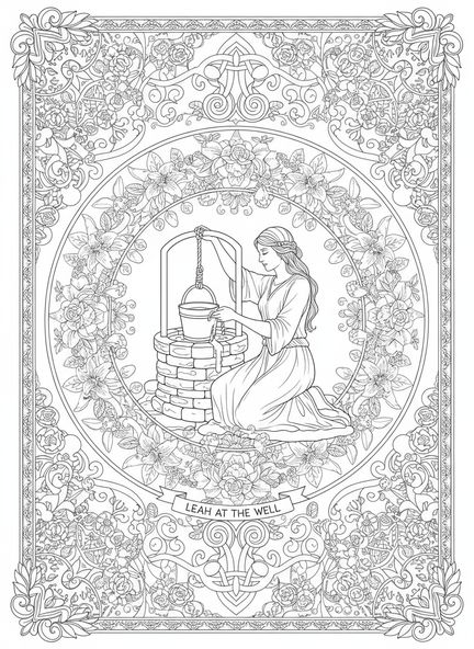 Lea schöpft Wasser aus einem Brunnen, Ausmalbild für Erwachsene im Stil des Bibel-Journalings.