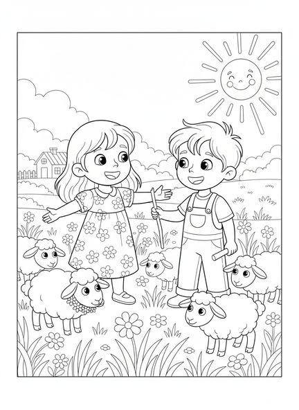 Leah und Jakob auf einem Feld, Malvorlage für Kinder im Alter von 5-10 Jahren
