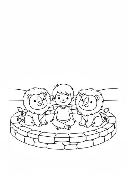 Daniel sonriente y dos leones, página para colorear de la Biblia sobre los leones para niños de 3 a 5 años