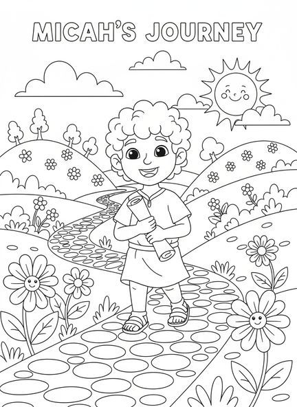 Miquéias caminhando por um caminho com um pergaminho, página de colorir do Miquéias para crianças de 5 a 10 anos.