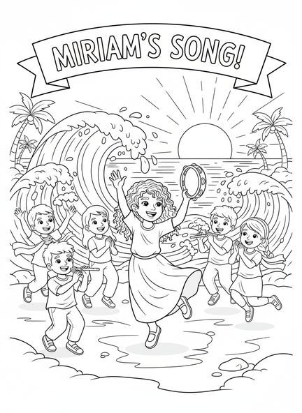 Miriam tanzt mit dem Tamburin, Ausmalbild von Miriam Tamburin für Kinder im Alter von 5-10 Jahren.