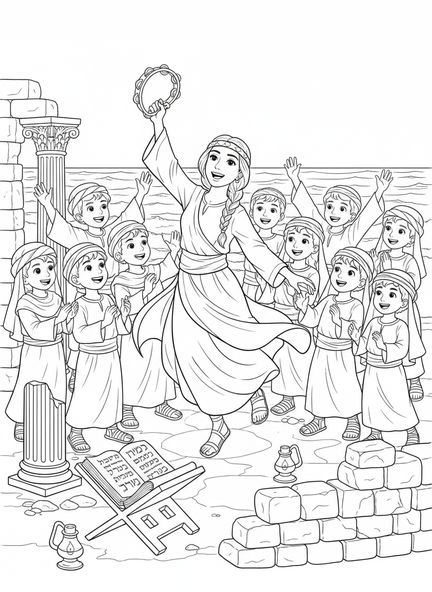 Miriam tanzt mit dem Tamburin, Ausmalbild von Miriam für die Sonntagsschule für Kinder im Alter von 5-12 Jahren.