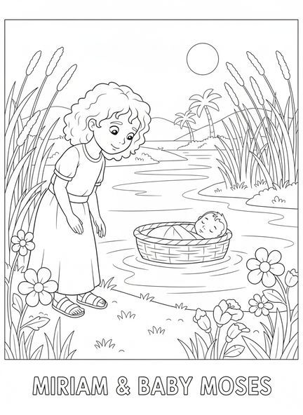 Miriam junto al río, página para colorear de Miriam para niños de 5 a 10 años