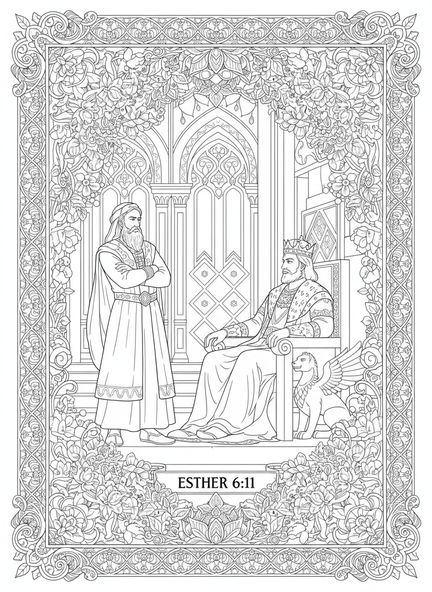 Mardochée se tenant devant le roi Xerxès, page à colorier pour adultes dans le style du journal biblique.
