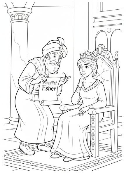 Mardochée parlant à la Reine Esther, page à colorier Mardochée pour les enfants de 5 à 10 ans.