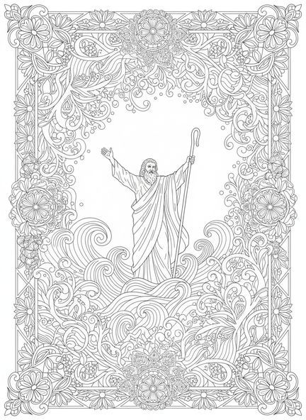Moses mit erhobenem Stab, Moses und Aaron Ausmalbild für Erwachsene im Stil des Bibeljournaling