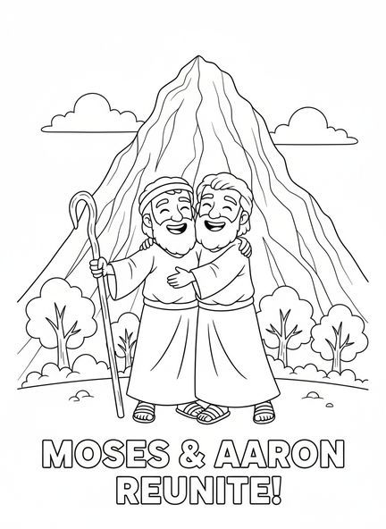 Moses und Aaron treffen sich, Ausmalbild von Moses und Aaron für Kinder im Alter von 5-10 Jahren.
