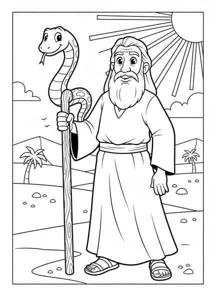 Moïse tenant une verge avec un serpent, page à colorier de la Verge de Moïse pour les enfants de 5 à 10 ans
