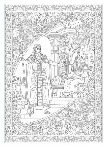 Moïse confrontant Pharaon, page à colorier des Dix Plaies pour adultes dans un style de journal biblique.