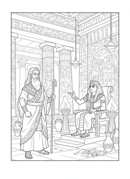 Moses konfrontiert den Pharao, Ausmalbild der zehn Plagen für die Sonntagsschule für Kinder im Alter von 5-12 Jahren