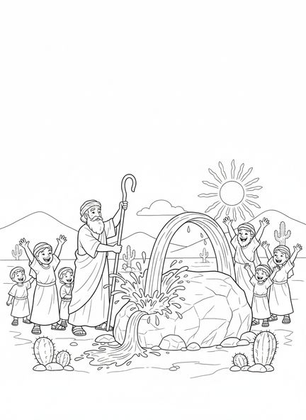 Moses schlägt auf einen Felsen, Ausmalbild Wasser aus dem Felsen für Kinder im Alter von 5-10 Jahren.