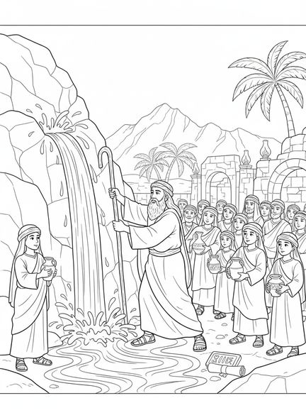 Moses schlägt den Felsen, Ausmalbild über Wasser aus dem Felsen für die Sonntagsschule für Kinder im Alter von 5-12 Jahren.