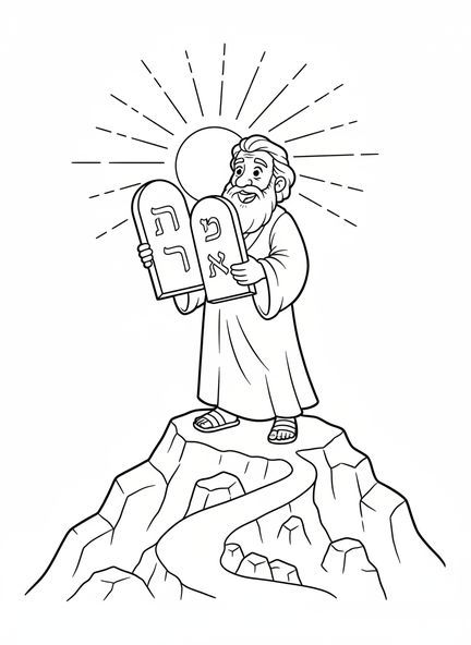 Moses mit den Tafeln, Ausmalbild von Moses mit den Tafeln für Kinder im Alter von 5-10 Jahren.