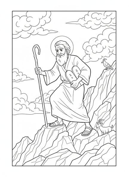 Moses grimpant, page à colorier du Mont Sinaï pour les enfants de 5 à 10 ans.