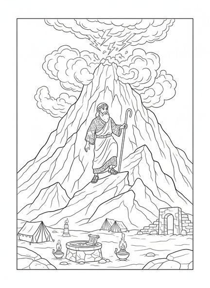Moses, der den Berg Sinai erklimmt, Malvorlage für die Sonntagsschule für Kinder im Alter von 5-12 Jahren.