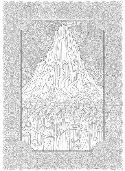 Groupe divers de personnes, page à colorier du Mont Sion pour le style de journal biblique pour adultes.
