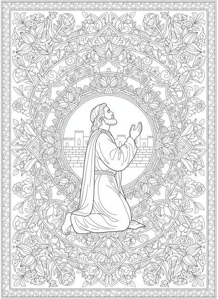 Nehemia betet, Ausmalbild Nehemia für Erwachsene im Bibel-Journaling-Stil.