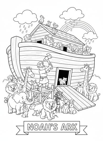 Noé construisant l'arche, page à colorier Noé et l'arc-en-ciel pour enfants de 5 à 10 ans