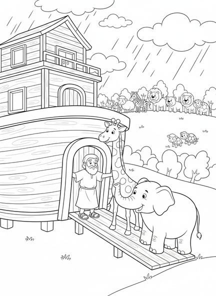 Noah bringt Tiere auf die Arche, Ausmalbild von Noahs Arche mit Tieren 2 zu 2 für Kinder im Alter von 5-10 Jahren