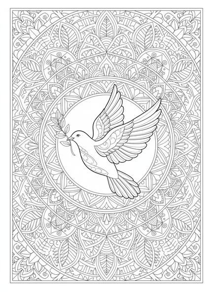 Pomba com ramo de oliveira, página para colorir da Pomba da Arca de Noé com ramo de oliveira no estilo de journaling bíblico para adultos.