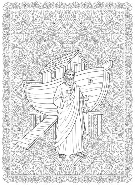 Noah mit Werkzeugen, Noahs Arche Ausmalbild für Erwachsene im Stil des Bibel-Journalings.