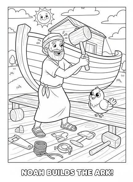 Noah, der Planken nagelt, Noahs Arche Ausmalbild für Kinder im Alter von 5-10 Jahren.