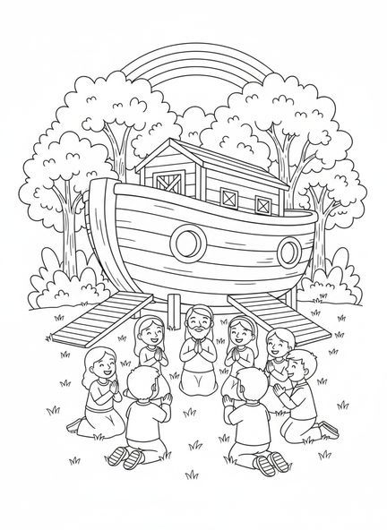 Noé et sa famille en prière, page à colorier Noé et sa famille en prière pour les enfants de 5 à 10 ans