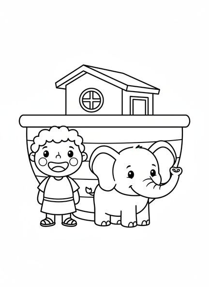 Noé avec l'arche, page à colorier de la famille de Noé priant pour les enfants d'âge préscolaire de 3 à 5 ans