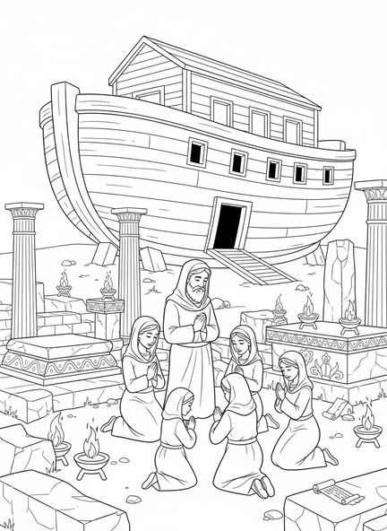 Noé et sa famille en prière, page à colorier Noé et sa famille en prière pour l'École du dimanche enfants de 5 à 12 ans.