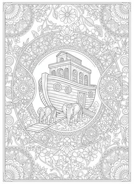 Paar von Elefanten, Noahs Arche Regenbogenbund Malvorlage für Erwachsene im Bibel-Journaling-Stil.