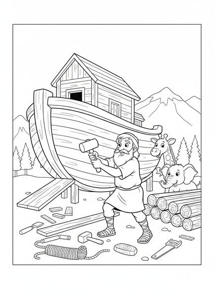 Noah baut die Arche, Ausmalbild von Noahs Arche und dem Beginn der Regenflut für Kinder im Alter von 5-10 Jahren.