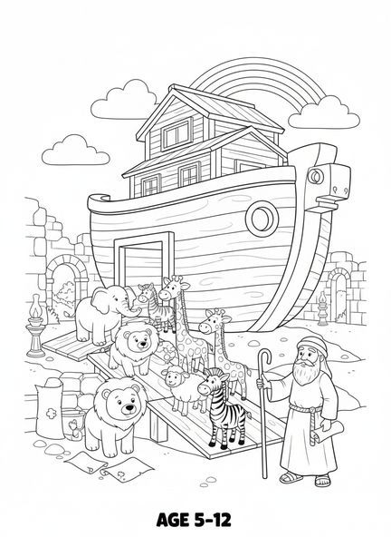 Paare von Cartoon-Tieren, die die Arche betreten, Ausmalbild zur Sintflut von Noahs Arche für Kinder in der Sonntagsschule im Alter von 5-12 Jahren.