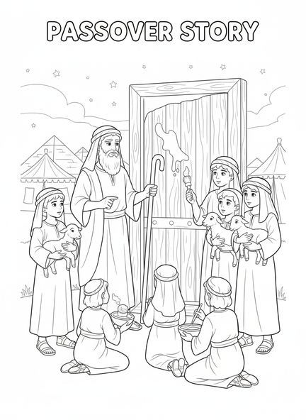 Moisés instruyendo a los israelitas, página para colorear sobre la sangre del cordero de Pascua en el umbral de la puerta para niños de 5 a 10 años