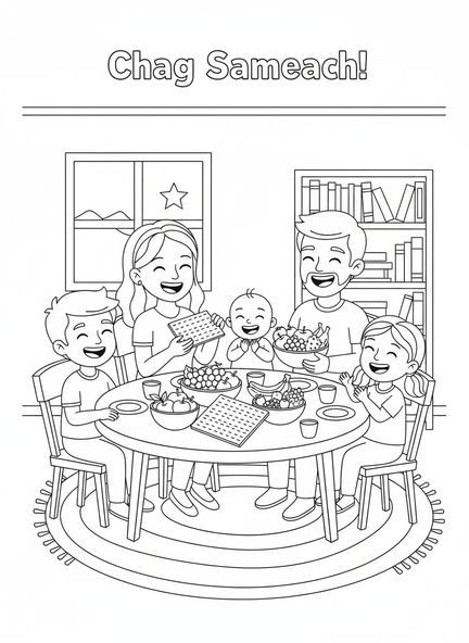 Famille heureuse célébrant la Pâque, page à colorier sur la fête des pains sans levain pour les enfants de 5 à 10 ans