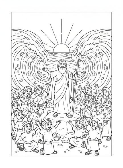 Moses mit erhobenem Stab, Passah Ausmalbild für Kinder im Alter von 5-10 Jahren