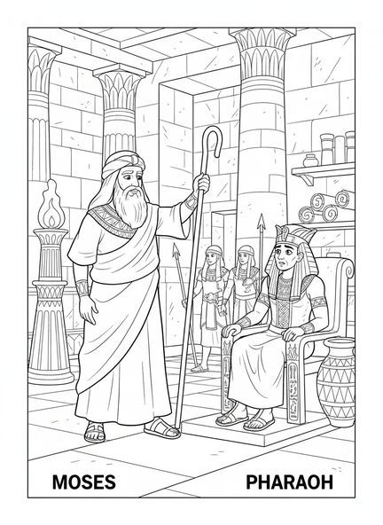 Moses konfrontiert den Pharao, Passah Ausmalbild für die Sonntagsschule Kinder im Alter von 5-12 Jahren