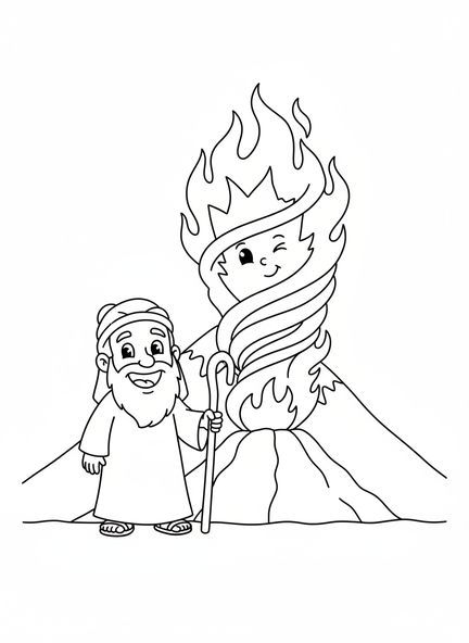 Moisés sonriente junto a un amigable pilar de fuego, página para colorear del Pilar de Fuego para niños en edad preescolar de 3 a 5 años.